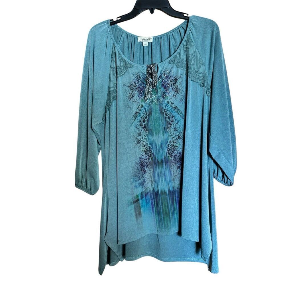 One World Tunic Top Womens XL Multicolor Boho Art To Wear Puff Sleeve Blouse